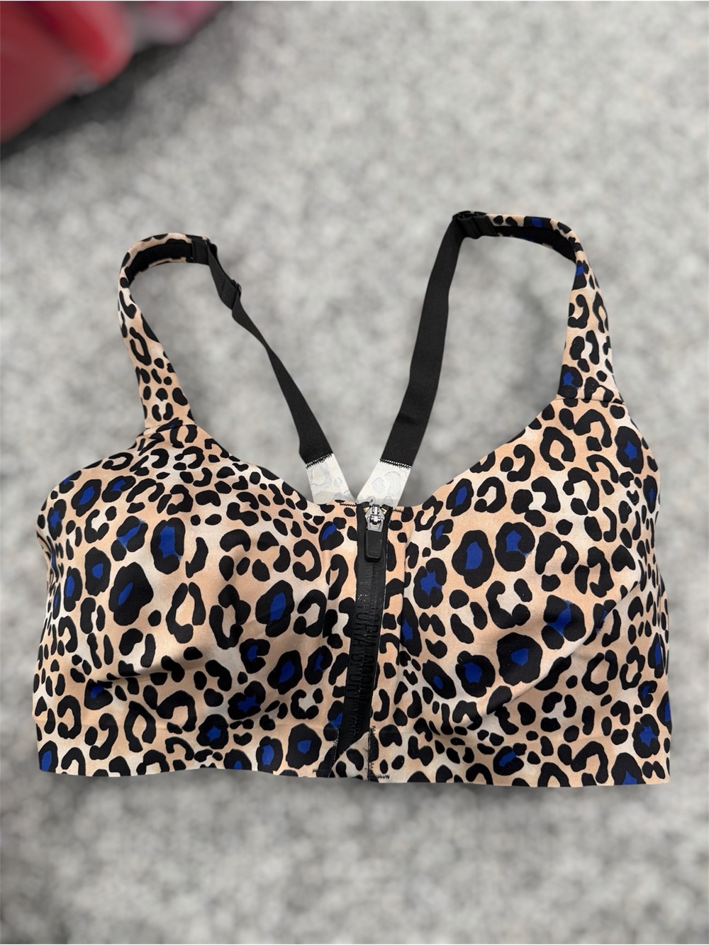 VS Leopard Print Front-Zip Sports Bra in Beige and Blue
